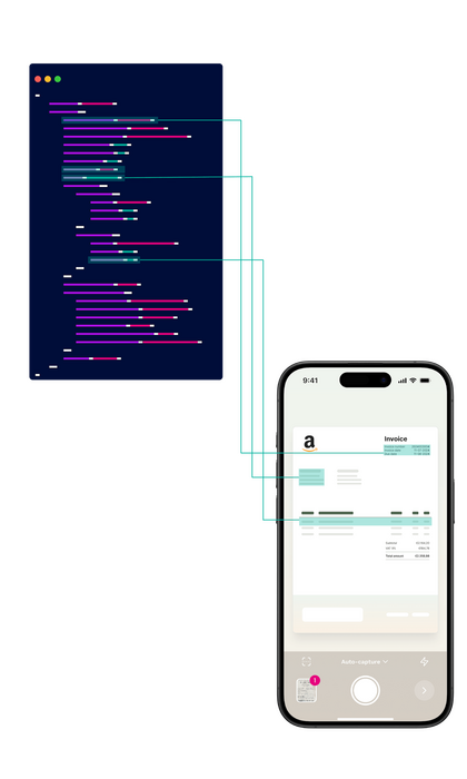 A smartphone displaying an invoice, with code on the left and connections illustrating data processing.