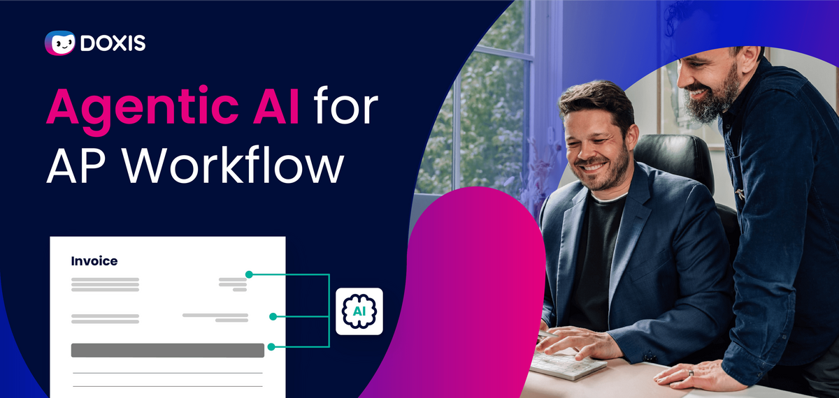 Two professionals collaborating on an AP workflow with an AI tool, featuring an invoice template.