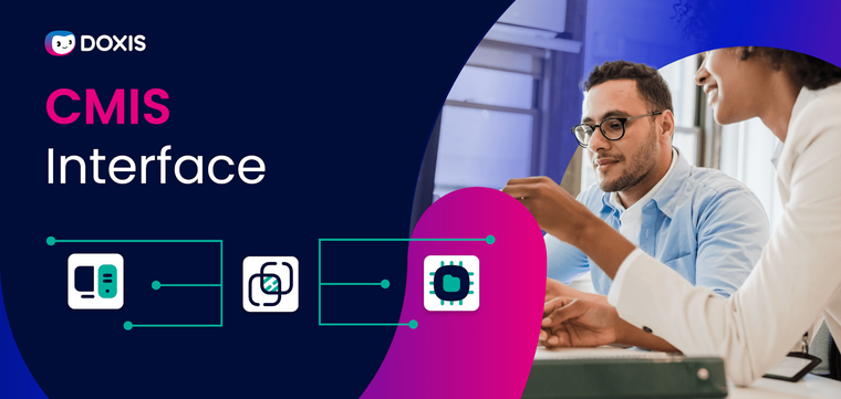 Une équipe discute de l'interface CMIS avec des icônes représentant l'intégration technologique.