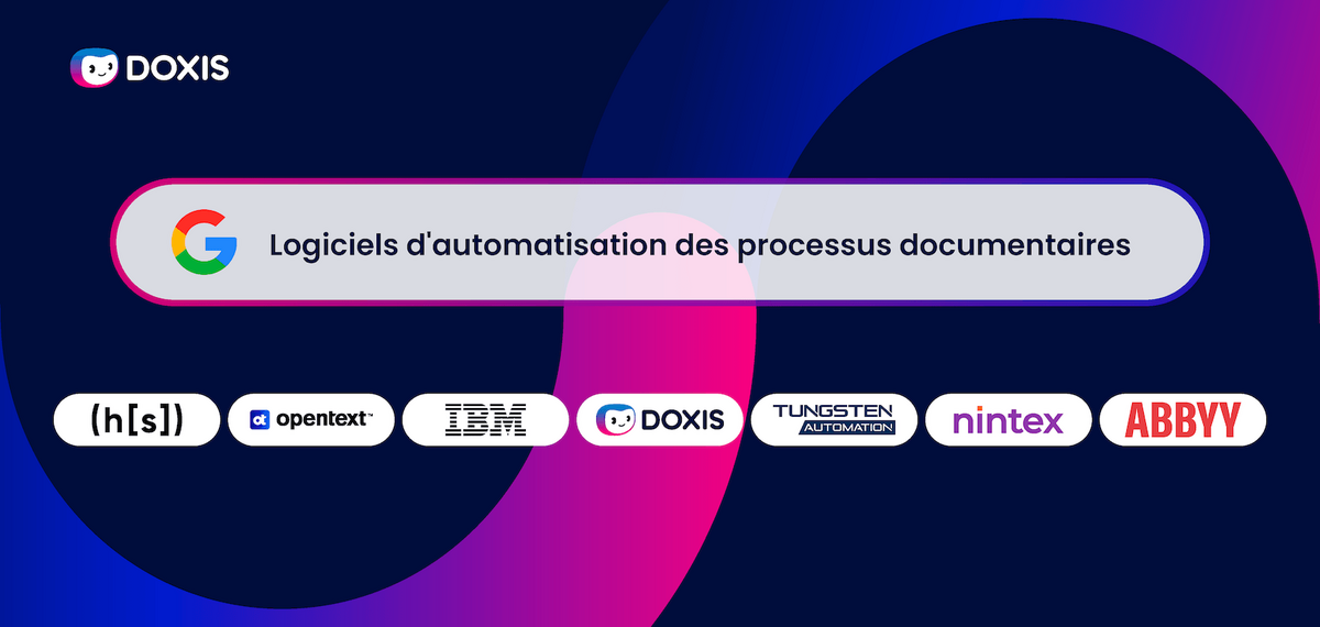 Graphique affichant des logos de logiciels d'automatisation avec un élément de marque Google et un texte français sur l'automatisation des processus documentaires.