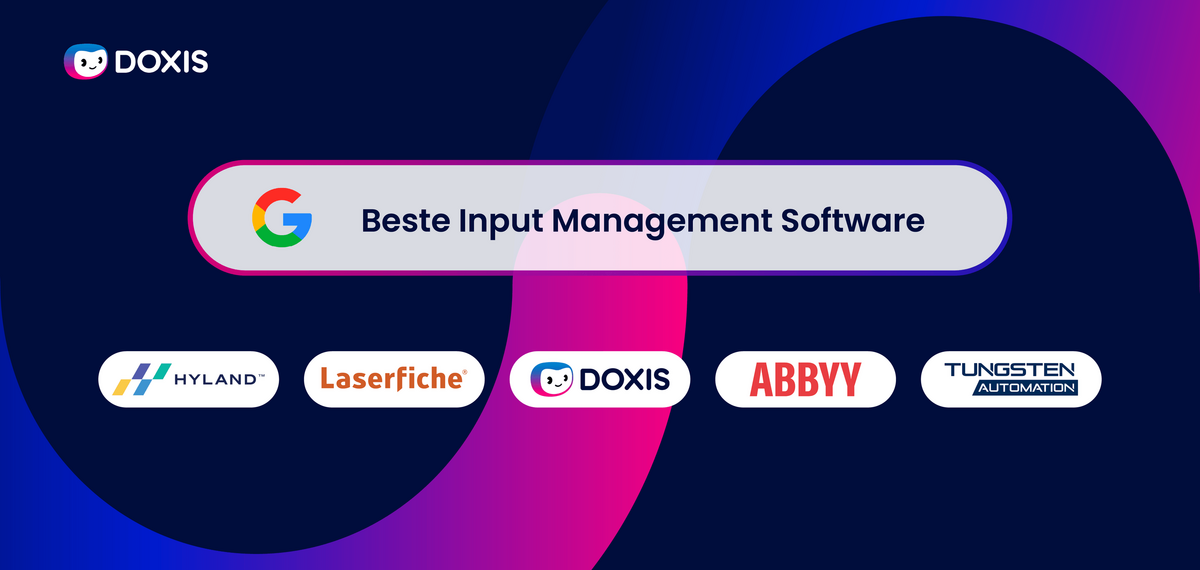 Grafik, die verschiedene Marken von Eingabeverwaltungssoftware zeigt, einschließlich DOXIS, mit einem bunten Hintergrund.
