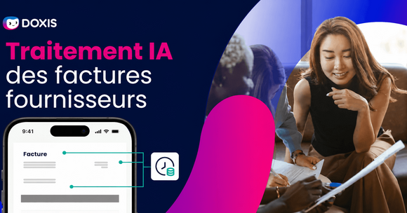 Image promoting AI invoice processing by Doxis, featuring a phone and people collaborating.