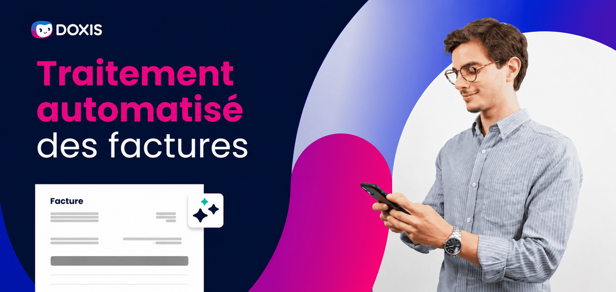 Un homme en chemise rayée utilisant un smartphone avec un graphique de facture en arrière-plan.