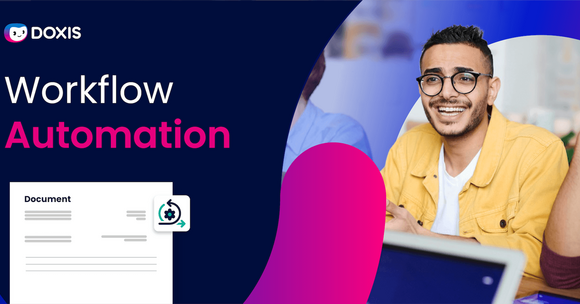 A smiling man in a yellow shirt promotes workflow automation with a document graphic.