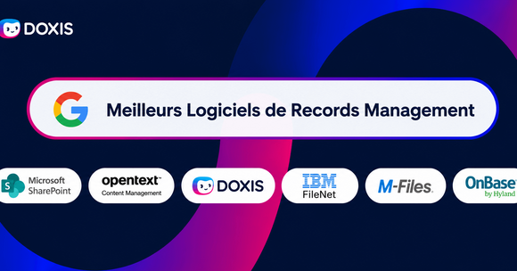 Graphique présentant les logos des meilleurs logiciels de gestion de documents, y compris Doxis et Google.