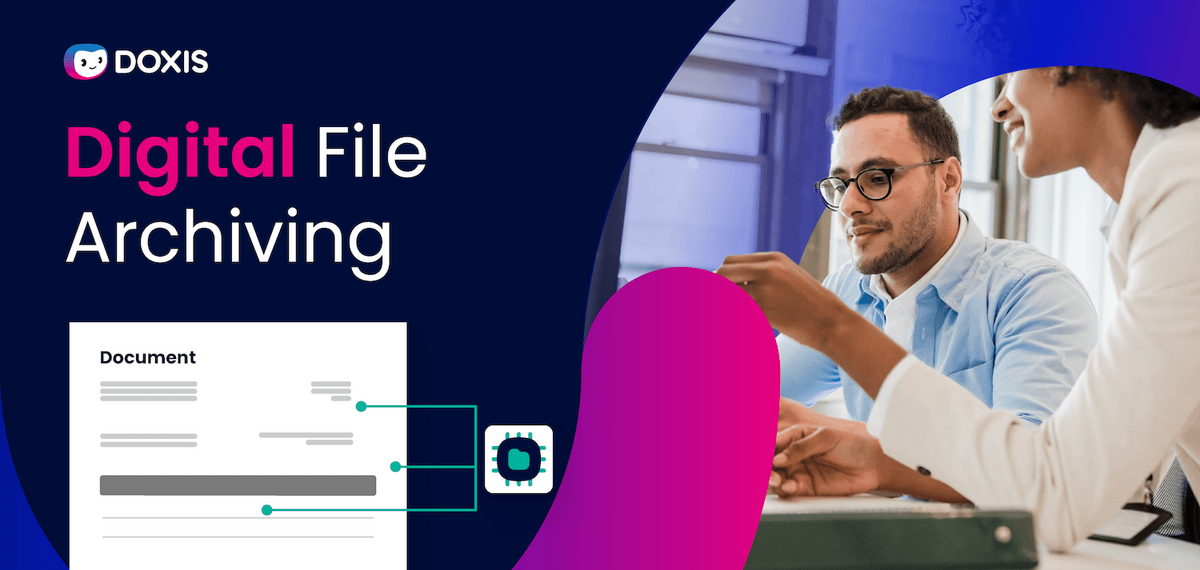 Two people discussing digital file archiving with a document graphic.