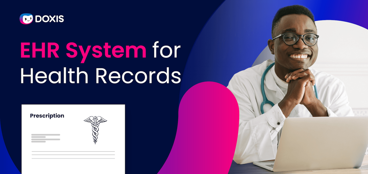 Smiling healthcare professional with a stethoscope, next to a prescription graphic, promoting EHR system.