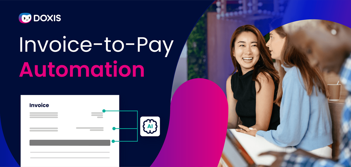 Two women discussing invoice-to-pay automation with visual elements of an invoice and AI icon.