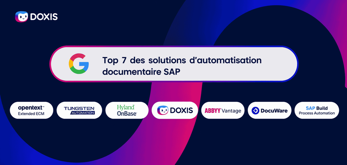 Graphique présentant les 7 meilleures solutions d'automatisation de documents SAP avec les logos de diverses entreprises.