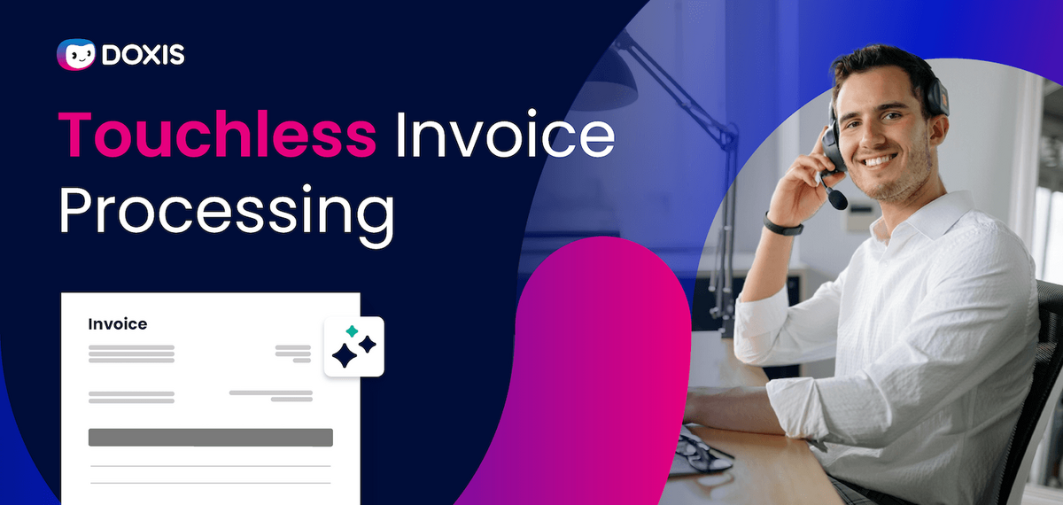 A smiling man on a headset promoting touchless invoice processing.