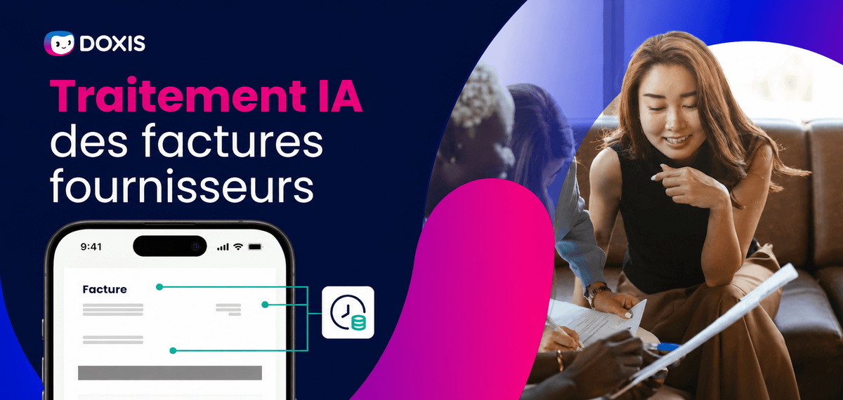 Image promouvant le traitement des factures par IA de Doxis, avec un téléphone et des personnes collaborant.